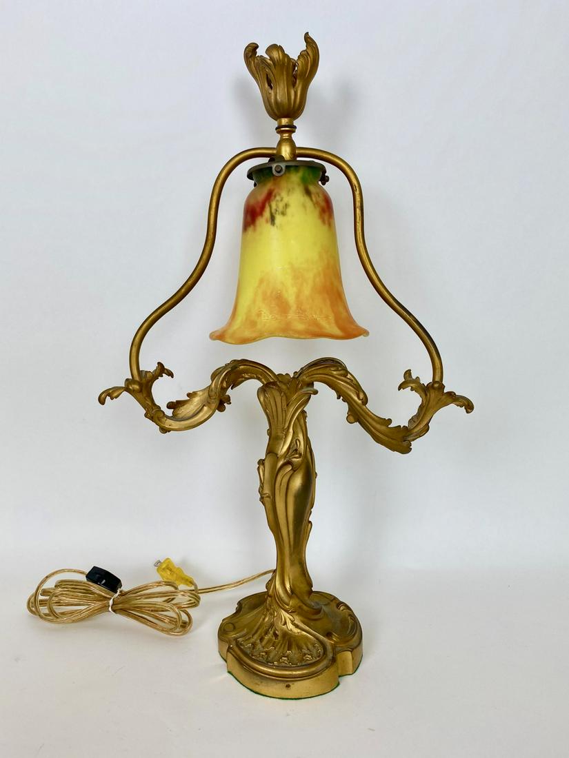 Signed E. Lelievre, Susse Freres French Bronze Lamp,: Hand-chased dorÃ© bronze electrified candelabra by the French sculptor EugÃ¨ne LeliÃ¨vre, and foundered by Susse Freres of Paris. Marked, signed and stamped at the base. With Daum Nancy art glas