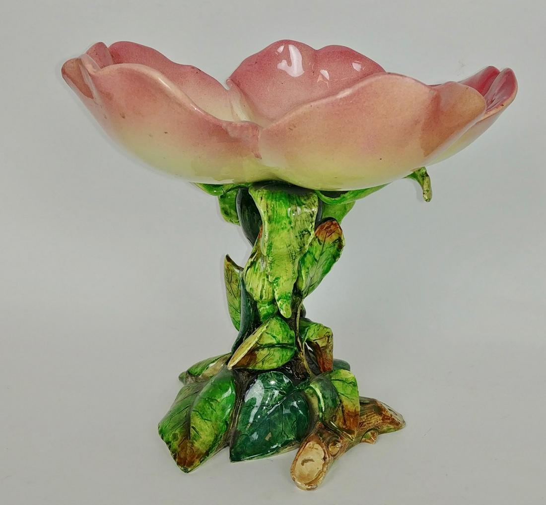 Wild Rose Majolica Pedestal Dish: Marked Delphin Massier Vallauris HM. 9.5" H
