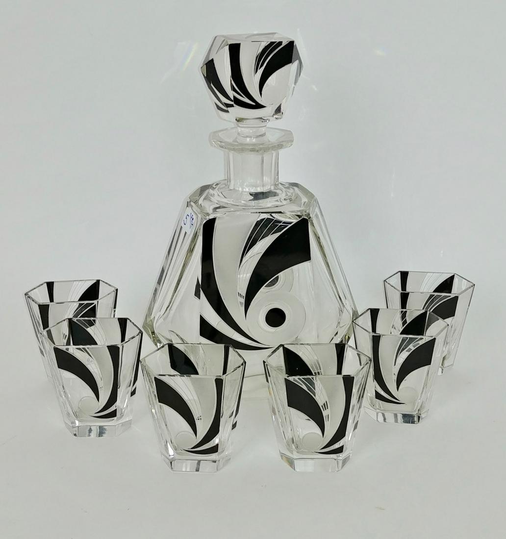 Czech Art Glass Decanter Cordial Set: Marked Czechoslovakia. Clear glass hexagonal paneled glass with black glass and frosted designs. Six cordial glasses, all marked. 8.75" H; 2.5" H