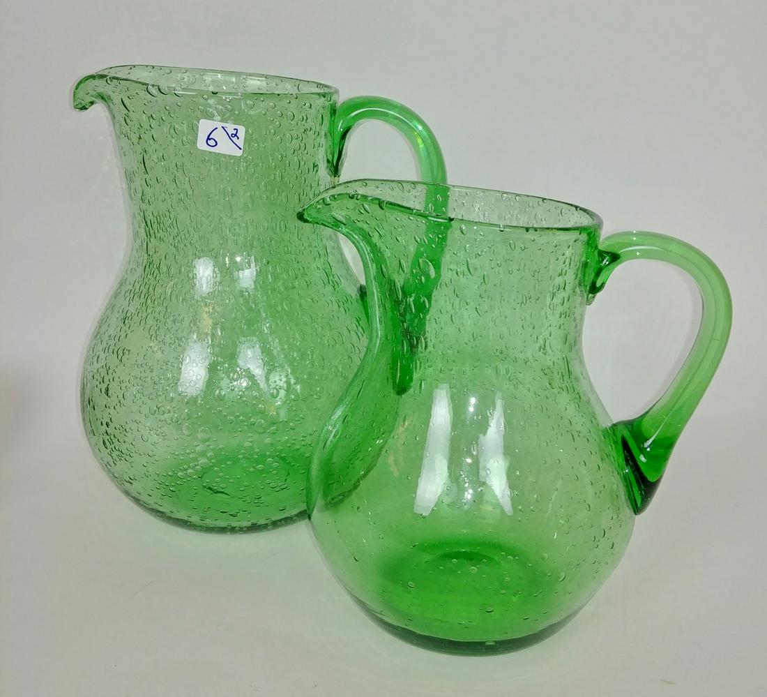 French Biot "Bubble" Glass Pitchers (2): Green hand blown pitchers. 8.25" H; 6.25" H