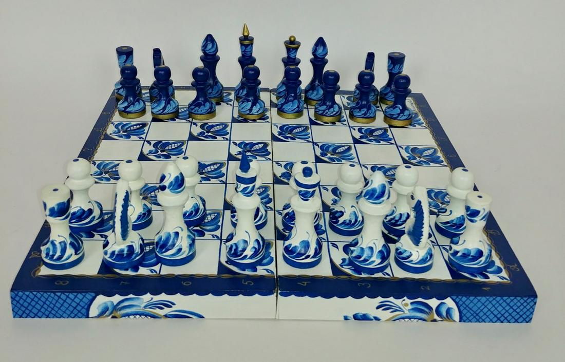 Blue & White Greek Chess Set in Box: Hand painted pieces in hand painted box. 11.5" 5.75" (x2) x 1.5" H