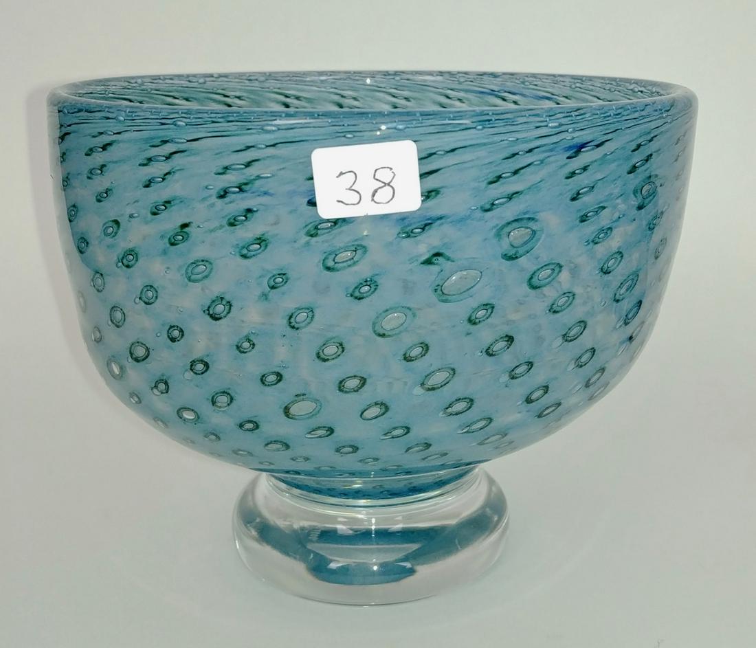 Art Glass Signed Blue Patterned Bowl, Bertil Vallieu: Pedestal base. Signed Boda, B. Vallieu, 57630. 6" diameter x 5" H