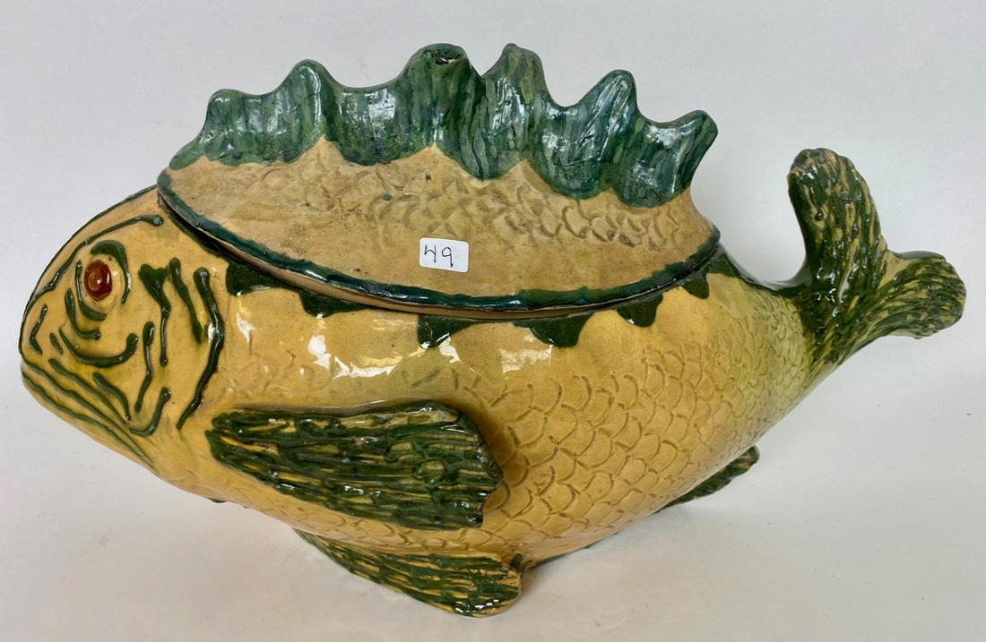 French Pottery Fish Covered Casserole: Impressed at the base SE Gitna Vallauris, AM. Age crack in the fish body as shown in photos. 19" L x 10" H