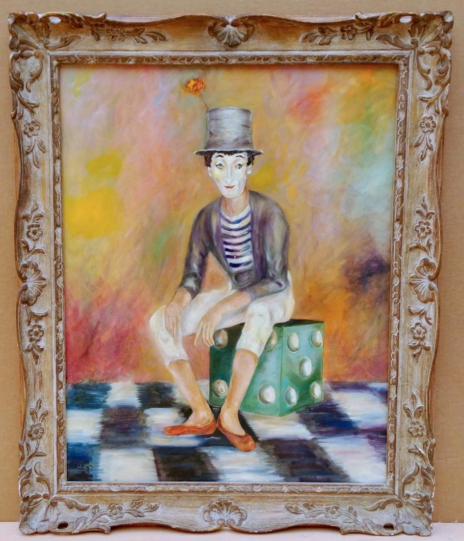 Oil on Canvas, Clown on Green Die, Sgd Jodidio: Clown in top hat and striped shirt is seated on a green die. Checkered floor. He wears red shoes. Carved frame. Signed lower left, and dated '57. 28" x 22"