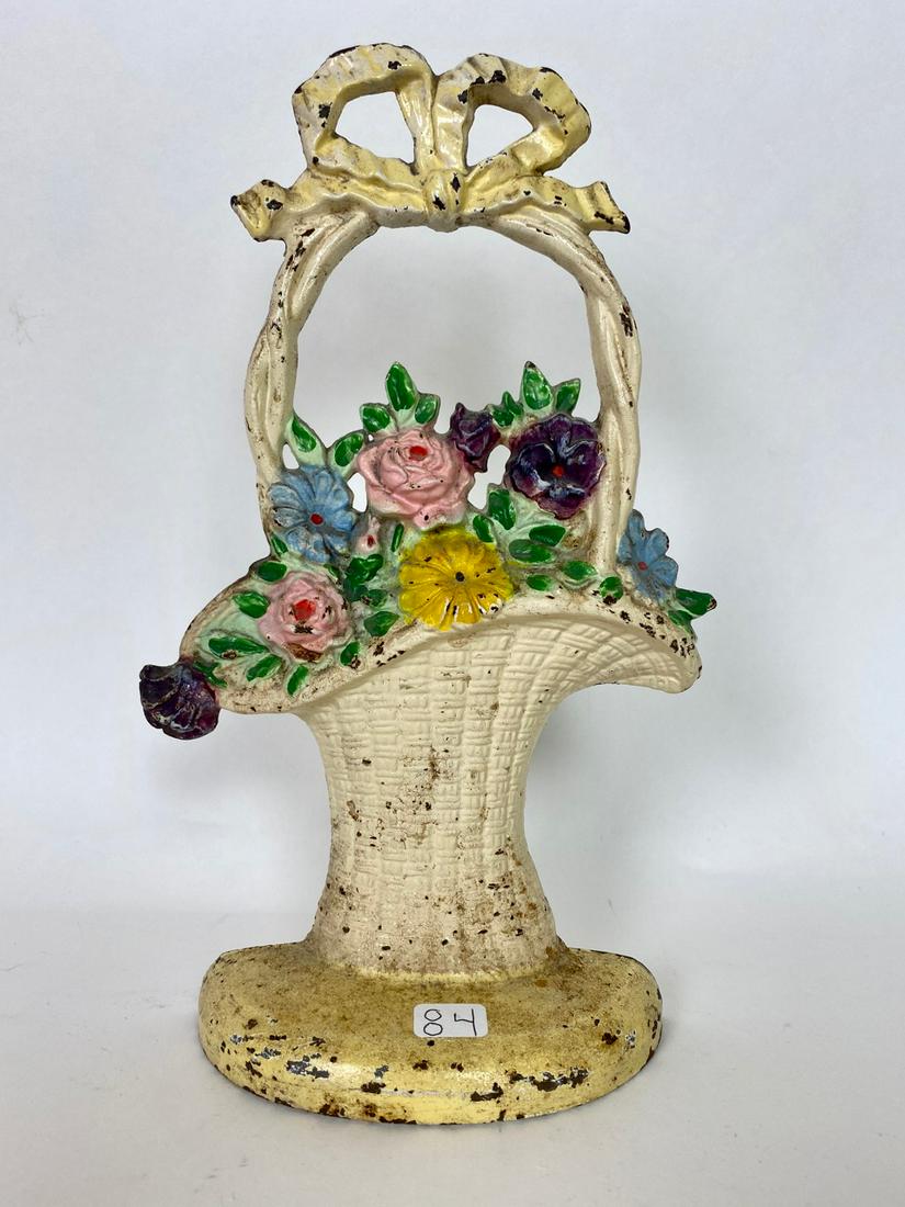 Vintage Cast Iron Flower Basket Door Stop: Impressed 69. 11" H x 6.5" wide