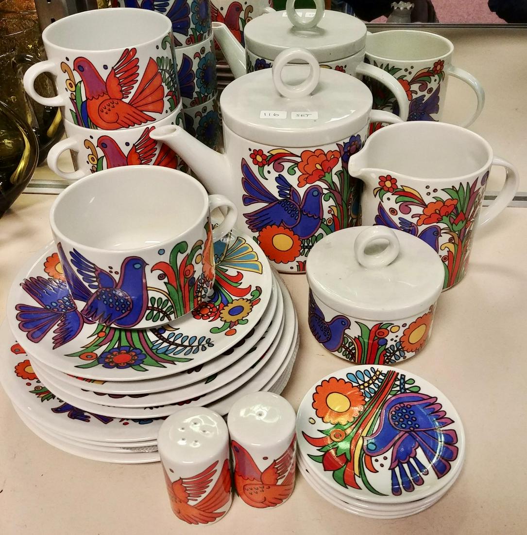 Villeroy & Boch Acapulco China Set: Set includes 4 each of dessert plates, coffee cup and saucer, coasters, a salt & pepper, coffee pot, large creamer and covered sugar bowl. Made in Luxembourg.