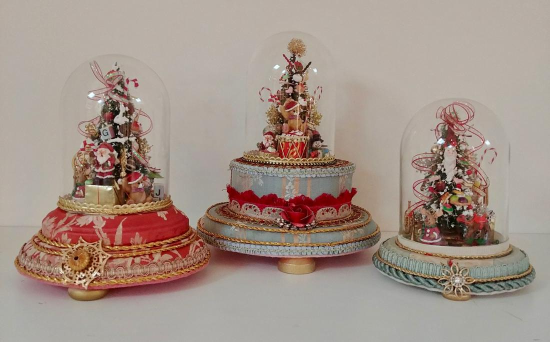 French Domed Christmas Tree Tabletop Ornaments (3): 7.5" H; 6.5" H; 5.5" H