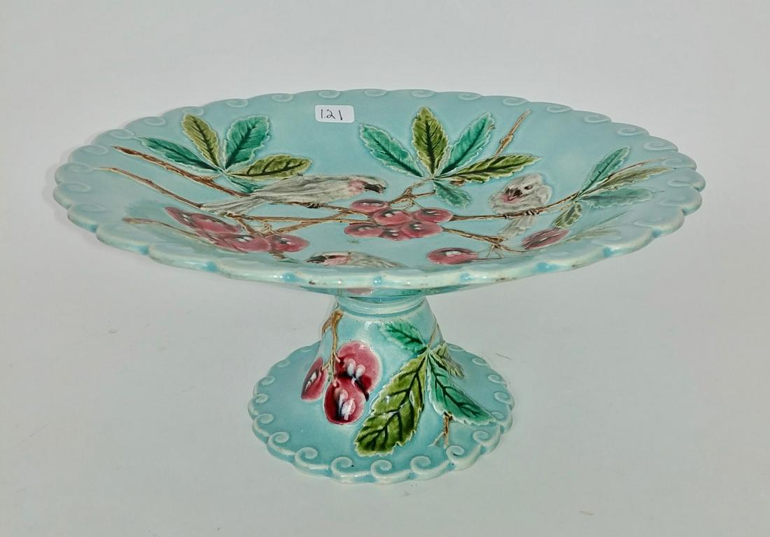 French Majolica Footed Server, Bird and Cherry: French Majolica Footed Server, Bird and Cherry Decorated. Impressed Sarreguemines. 9.5" diameter x 5" H