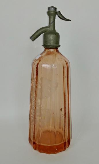 French Etched Seltzer Bottle: Peach colored bottle etched. Reads, Brasserie de. La Villette. Cagnes sur Mer. 13" H