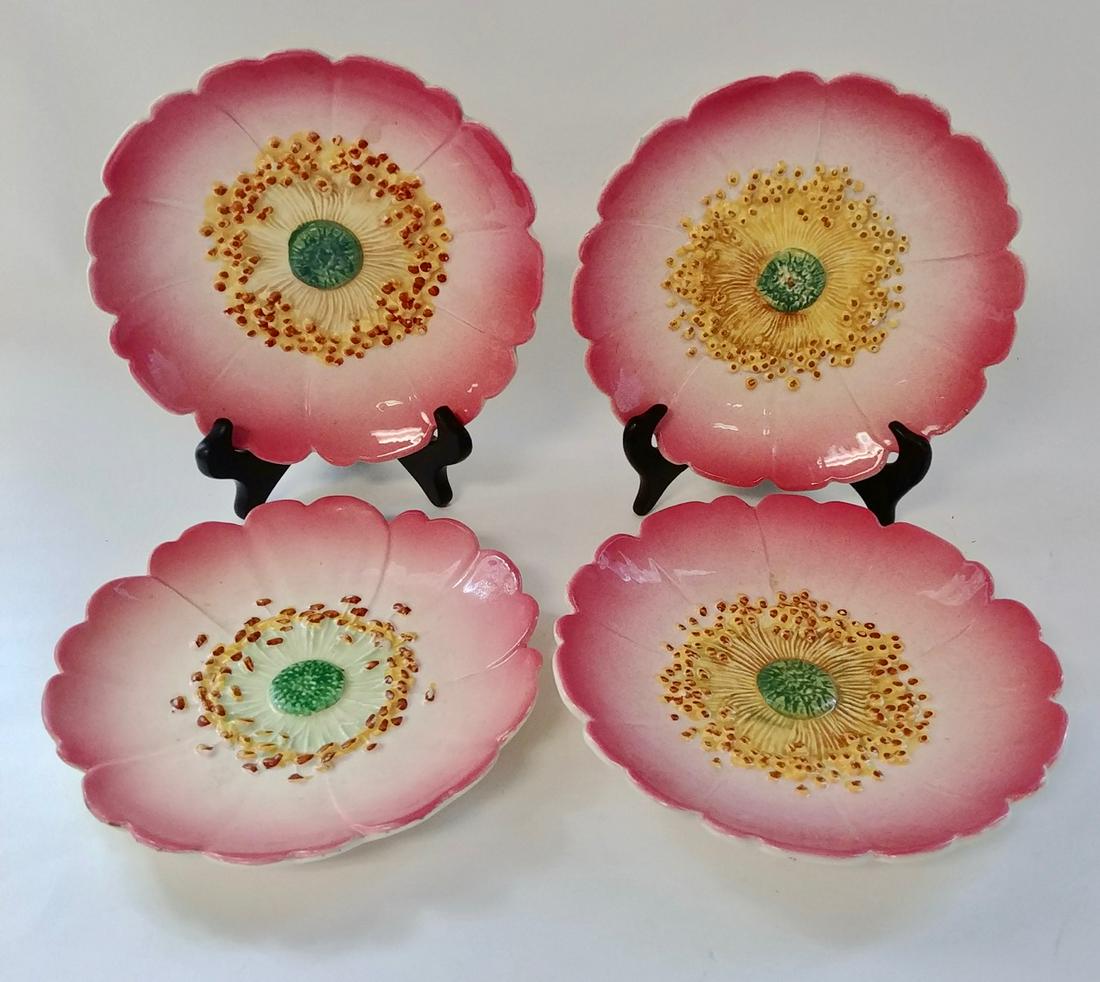 French Majolica Pink Flower Plates (4): Delphin Massier Vallauris, AM. 7.75" diameter