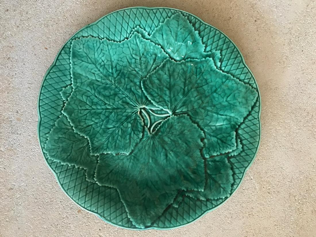 French Gien Majolica Green Grape Leaf Plates (6): One of the 6 plates does have an age crack as shown in photo. Crazing on others as shown in photos. 8.5" diameter