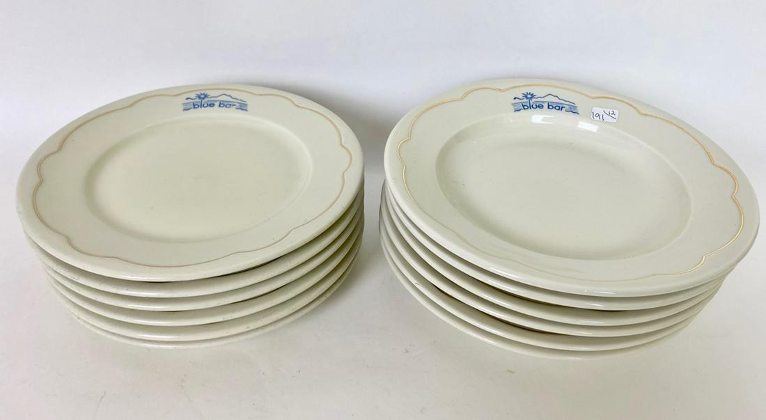 French Pillivuyt Blue Bar Plates & Bowls (12): Six plates and 6 bowls for the "blue bar." Marked Pillivuyt France, 272. A. Simon, Paris. 9" diameter