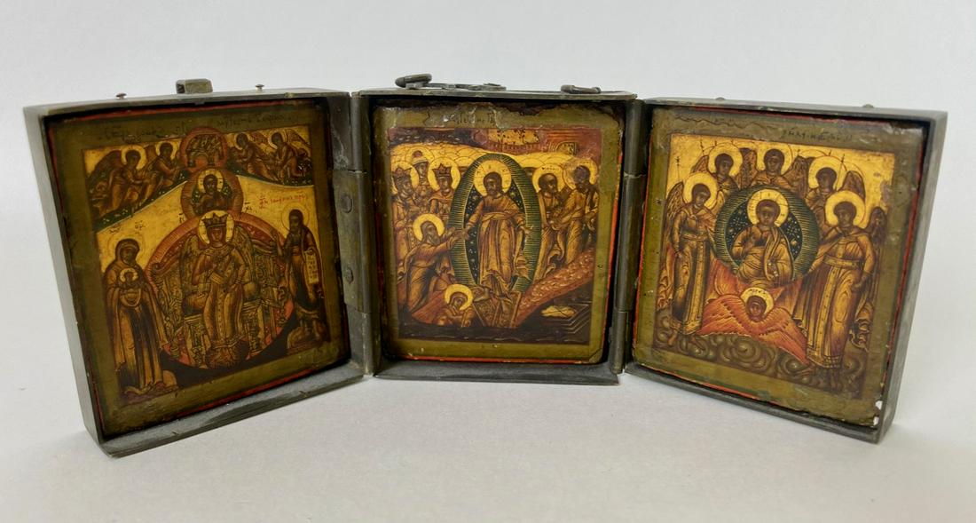 19th C. Brass Religious Triptych: Hand painted on wood panel. Latch at the top and two loops for a chain. 6.75" L when open; each panel is 2.5" x 2.5" middle panel.