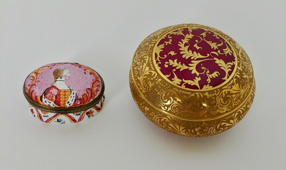 Limoges Covered Box and Enameled Pillbox: Gilt and raspberry color painted round box marked G. Dumas Fas, Limoges, France. Together with a French enamelled pill box with a portrait on the top. Green mark at the base. Interior mirror is cracke