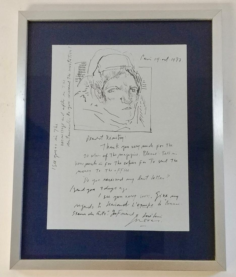Jose Luis Cuevas Letter to a Friend: Jose Luis Cuevas, (1934 - 2017) known for neo-figurative ink drawing, surrealist portraiture, and sculpture. Letter and figurative drawing, written on a piece of folded in half note paper, to Dimitry 