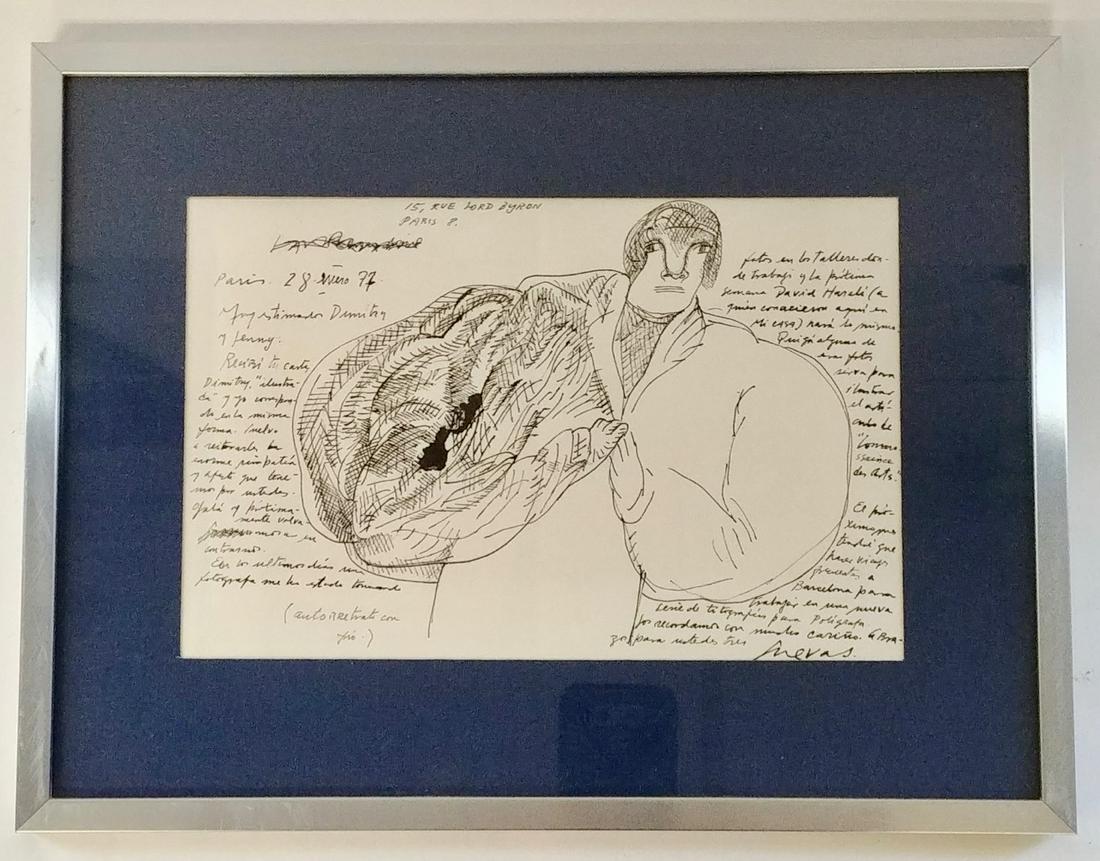 Jose Luis Cuevas Letter to a Friend: Jose Luis Cuevas, (1934 - 2017) known for neo-figurative ink drawing, surrealist portraiture, and sculpture. Letter and figurative drawing, written on paper, to Dimitry in 1977 when Cuevas was living