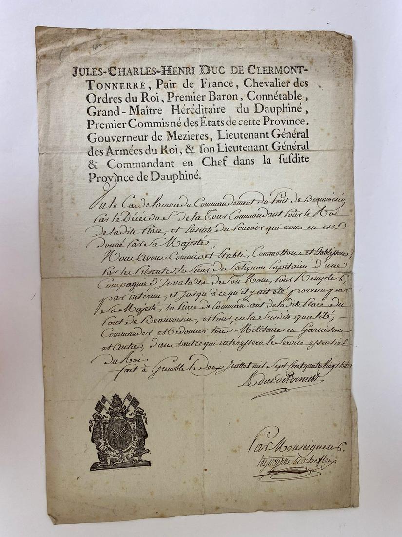 Handwritten French Military Letter July 1788: Jules Charles Henri de Clermont-Tonnerre was Lieutenant-general of the king's armies and commander-in-chief of the DauphinÃ© province. Hand signed letter 2 July 1788. Delivered by courier. He died g