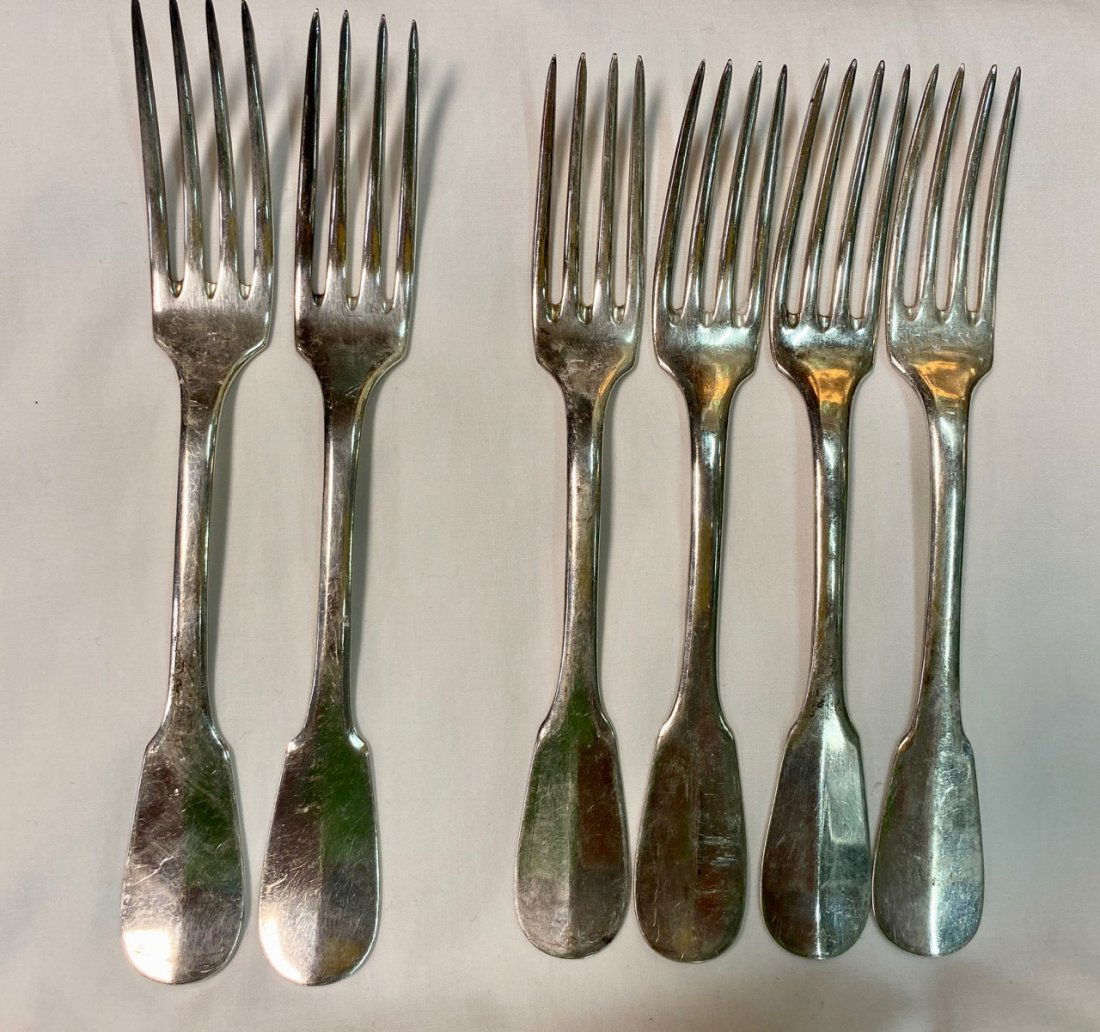 19th C Christofle Silver Dinner and Luncheon Forks (6): Two dinner forks and 4 luncheon forks. Heavily hallmarked as shown in photos. 8.5" L; 8" L