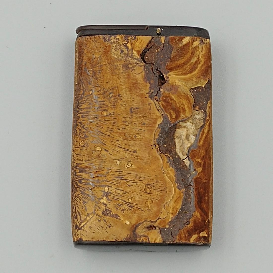 Raw Cork & Bakelite Match Safe: Interesting piece of cork in its natural state. Bakelite flip top opener has a damage on it but still opens and closes. No striker.