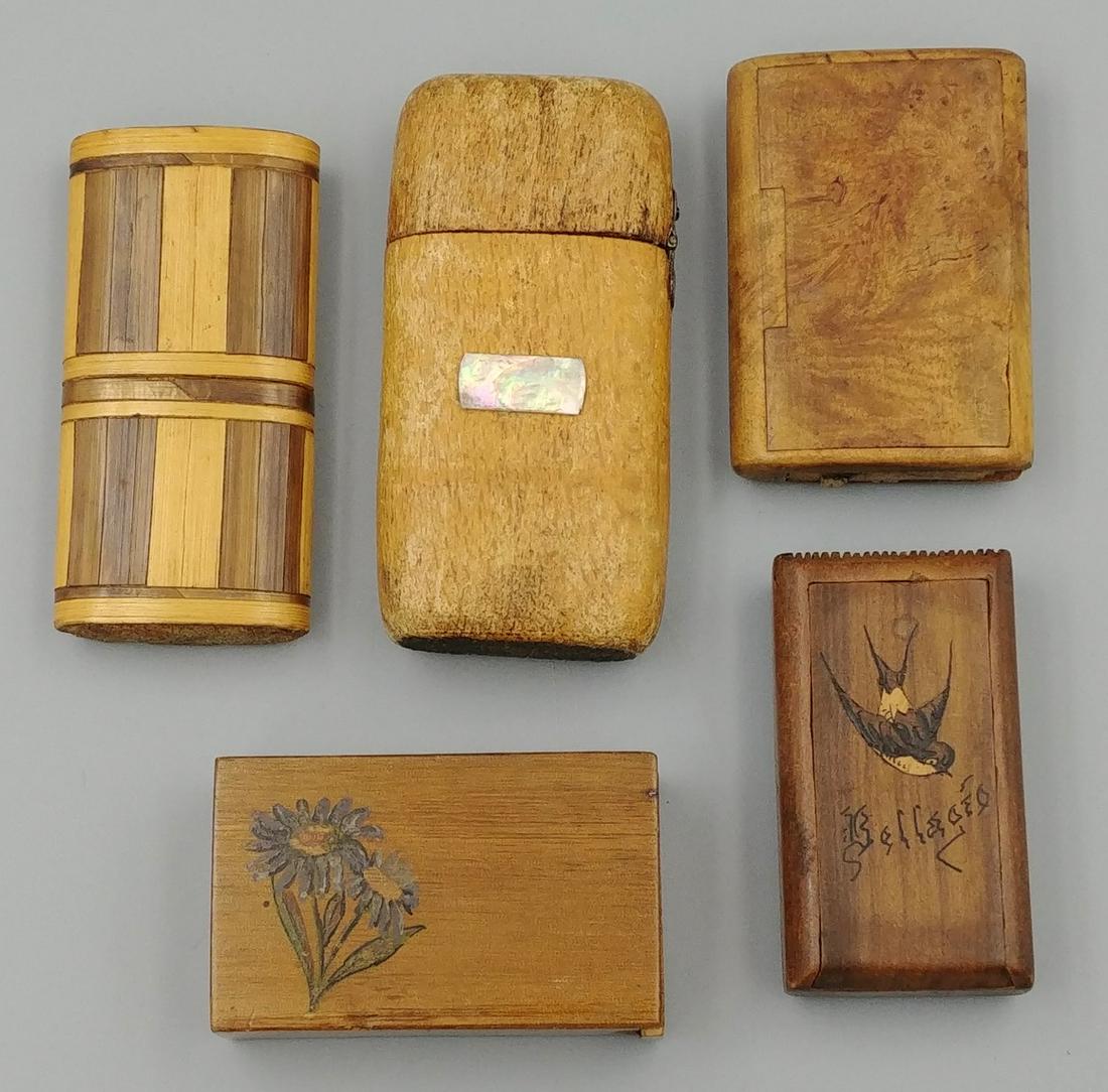 Dealer's Lot of Wooden Match Safes (5): One with painted flowers and ititials M.A.T. Striker is at inside of wooden lift top.; One marked Bellageo with inlaid bird and sliding door; One in olive wood with full opening top; one with strips o