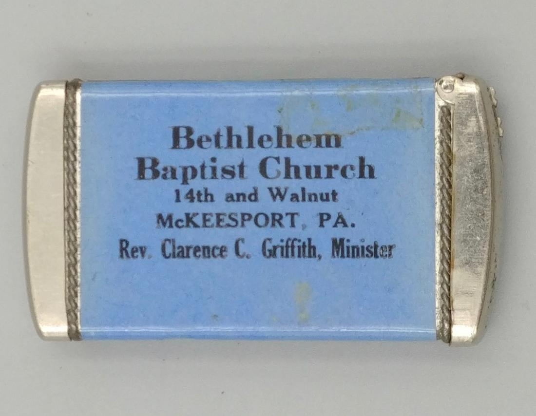 Bethlehem Baptist Church Adv Bank: Nickel plated and blue celluloid wrapped advertisement for Bethlehem Baptist Church, 14th and Walnut, McKeesport, PA., Rev. Clarence C. Griffith, Minister. Reverse side reads, By united effort we will
