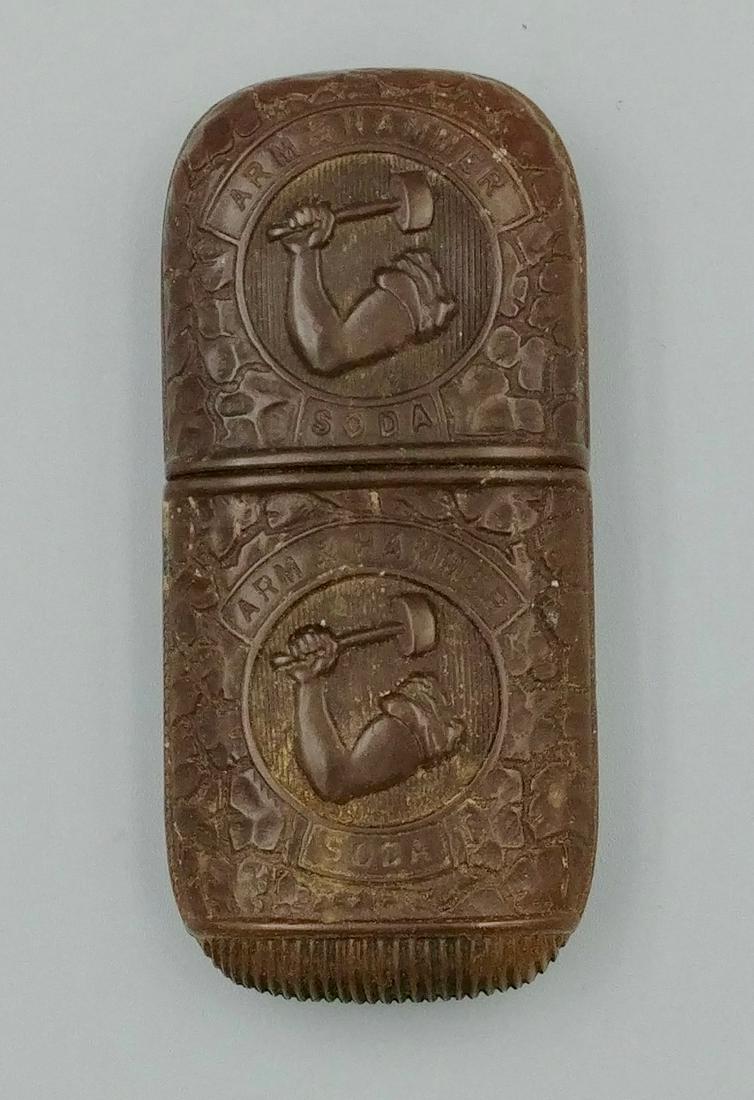 Arm & Hammer Soda Gutta Purcha Match Safe: Marked Arm & Hammer Soda, Compliments of Church & Co. Striker on the base.