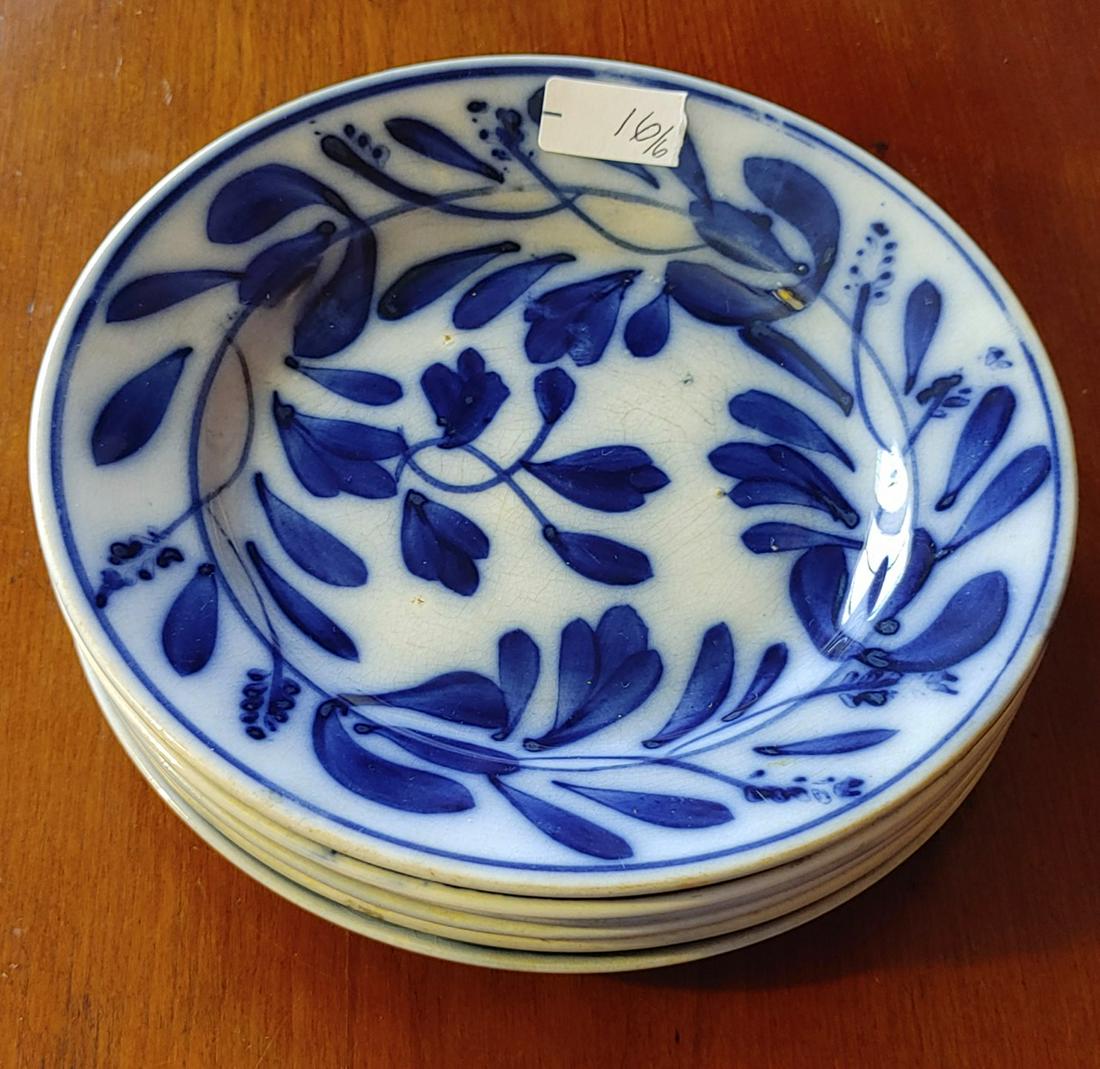 Antique Flow Blue Spinach Leaf Pattern Plates (6): Impressed with an "F" and 7. 7.5" D