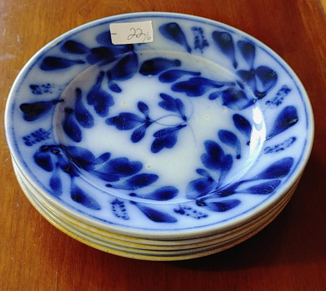 Antique Flow Blue Spinach Leaf Pattern Plates (6): Impressed with an "F" and 7. 7.5" D