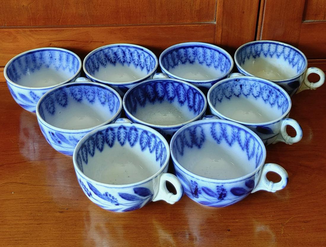 Antique Flow Blue Spinach Leaf Pattern Cups & Saucers: Impressed with various marks including S, 3, and others as shown. One cup heavily stained. 5.75" D saucers; 3.5" D the cups