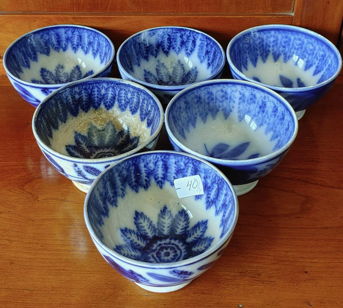 Antique Flow Blue Spinach Leaf Pattern Bowls (6): 4.25" to 4.5" D