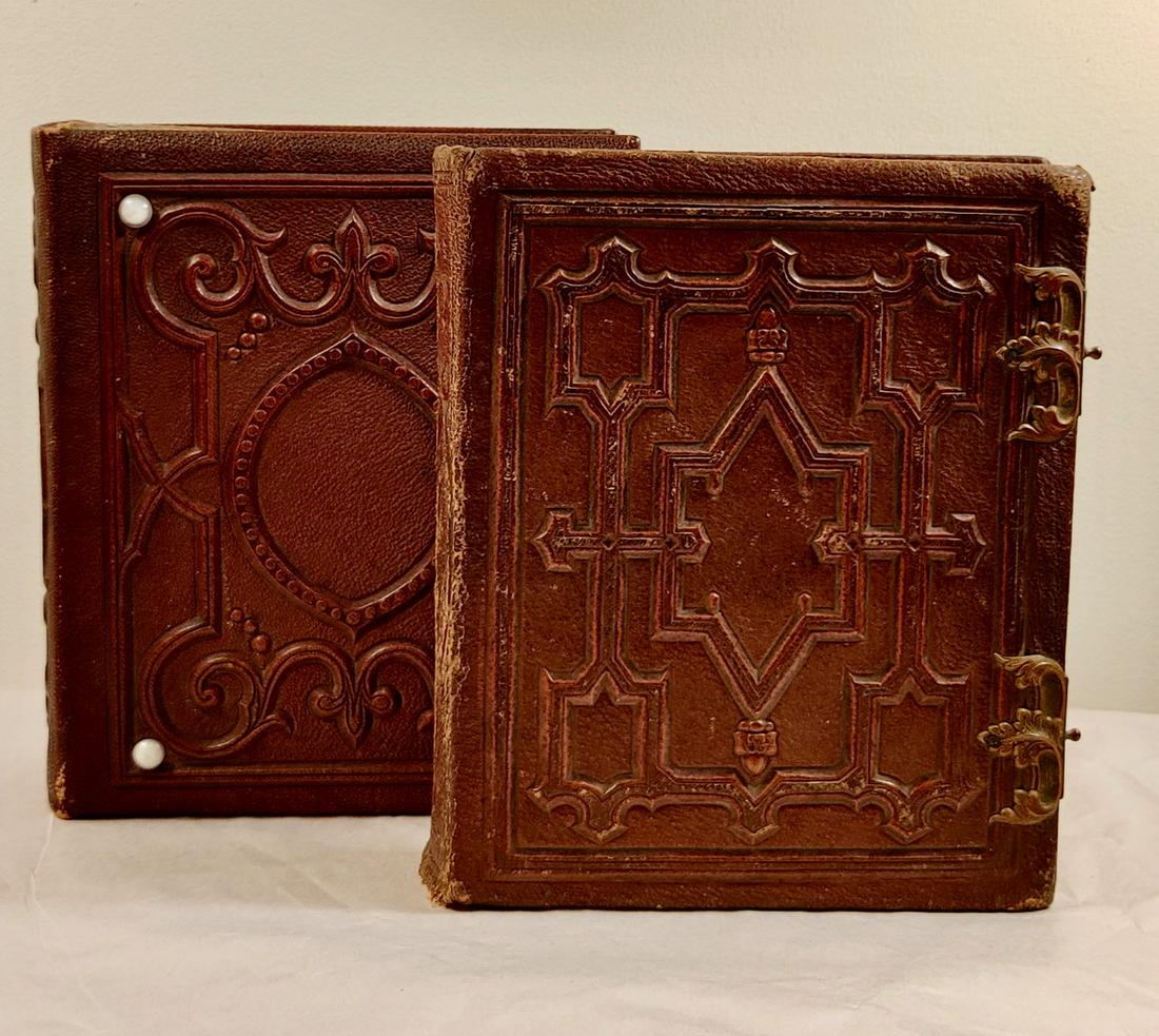 Photo Album - Hudson Valley Families (2): Tooled leather photo albums with brass clasps (one clasp is missing on one book) Some hand colored, some tin type. Penciled names include Hicks, Carroll, Hill, Bentley (Kingston, NY), Trava, Sherwood,