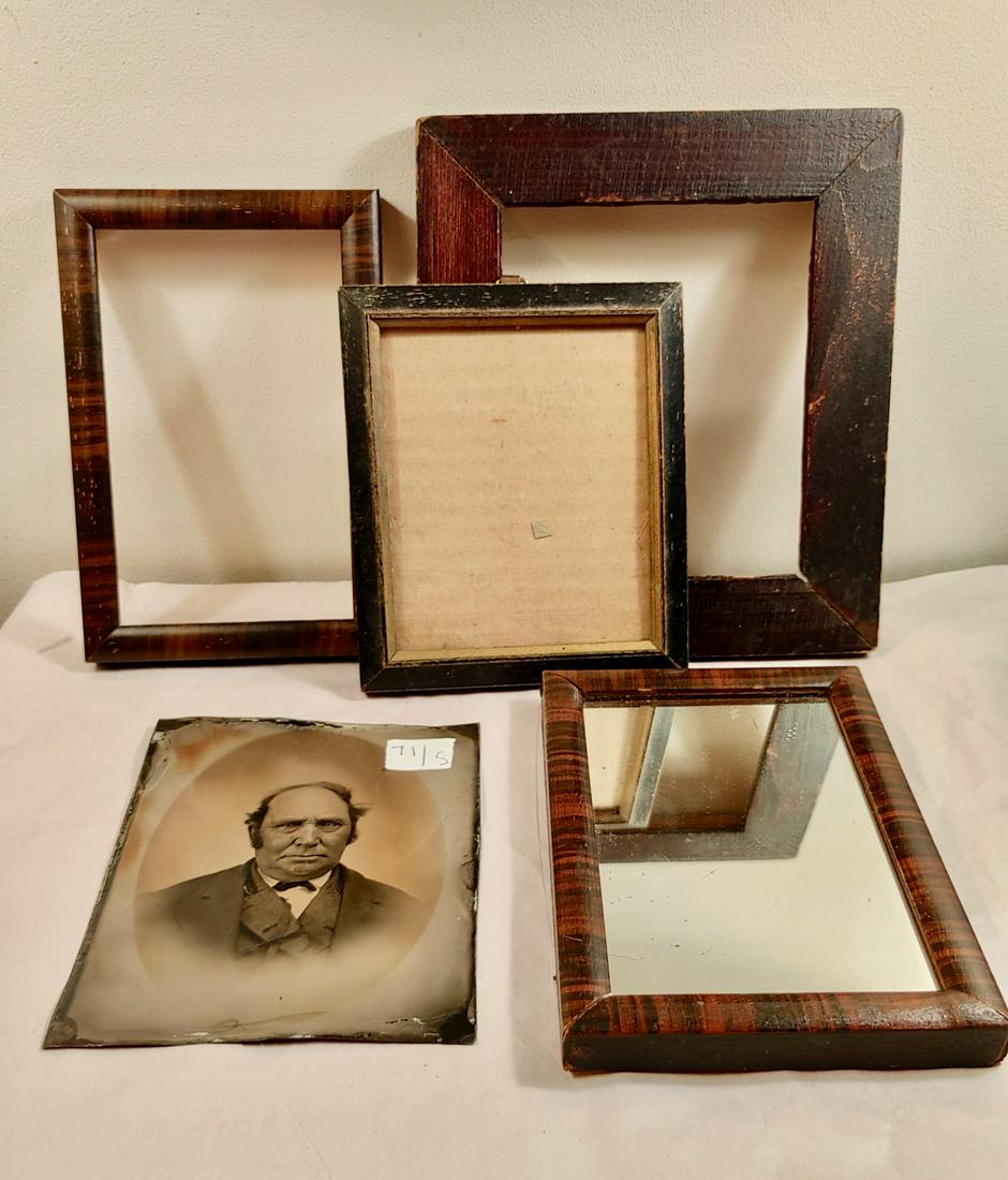 Lot of 4 Frames & a Tin Type: Tin type of a gentleman, 5" x 4.25"; 7" x 6.5"; 6.25" x 4.25 (one with mirror); 5" x 4.25"