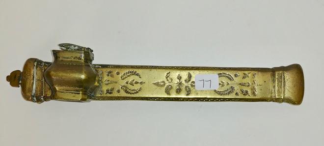 French Brass Traveling Pen Holder and Ink Well: Shell top for the inkwell. Nicely etched with laurel leaves. 9.5" long