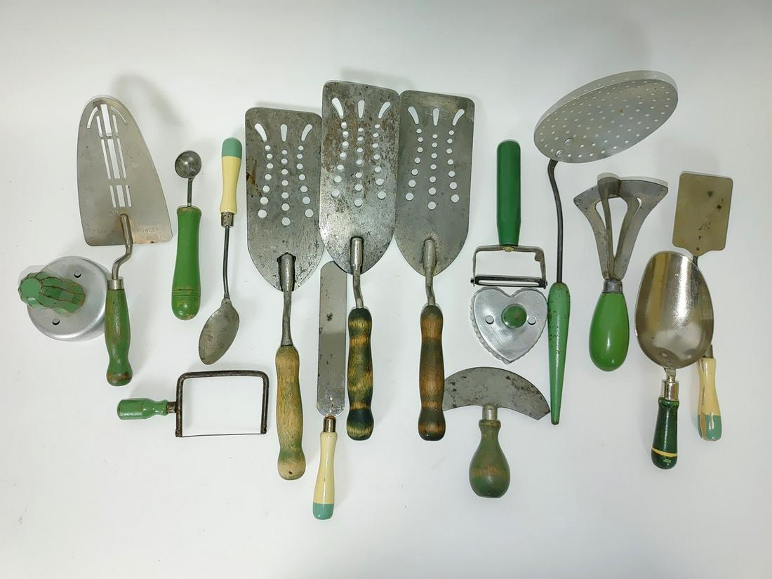 Vintage Wood Handled Kitchen Tools (16): Green and white wooden handled kitchen tools. Tallest piece is 12" H