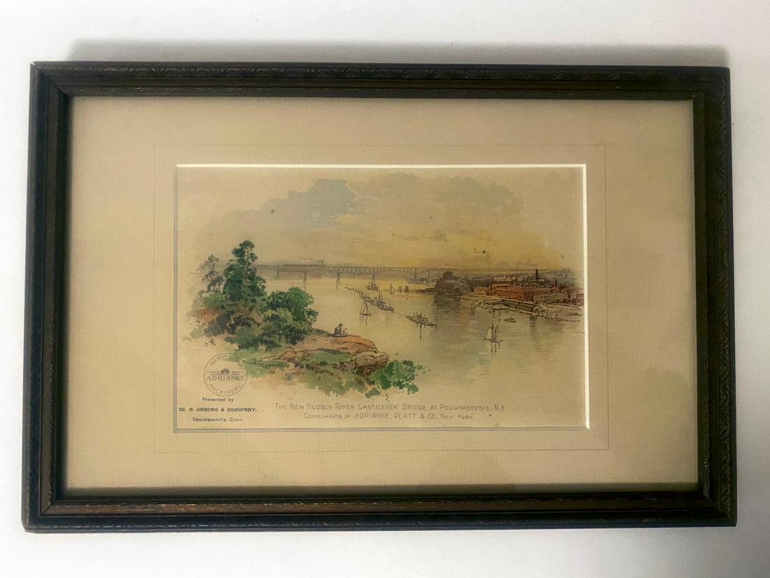 Adriance, Platt & Co. Machines Framed Advertisement: The New Hudson River Cantilever Bridge at Poughkeepsie, NY. Presented by W.O. Jacobs & Company, Danielsonville, Conn. 4.5" x 7" (7.75" x 11.75")