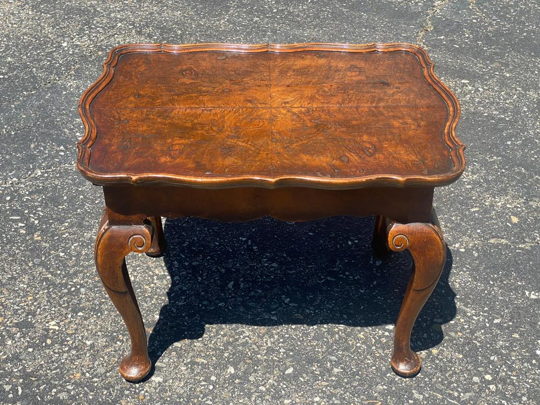 Diminutive Queen Anne Serving Table: Removable burled veneer tray top. Carved apron. Queen Anne legs. 22" x 15" x 17" H