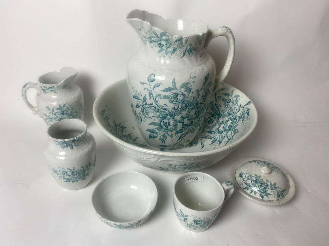 English Ironstone Boudoir Set: Pitcher and washbowl, small pitcher, soap dish (interior drainer is cracked and repaired), mug and vase. 12" H; 14.5" D; 6.5"H; 5.5" D; 3" H; 5.25" H