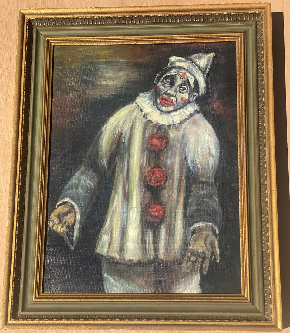 Oil on Canvas, Clown in White, Signed Jodidio: Oil on canvas, a clown in white wearing a pointed hat and having three red pom-pom's on his shirt. In green and gilt frame. Signed lower left, Jodidio, '54. 16" x 12"
