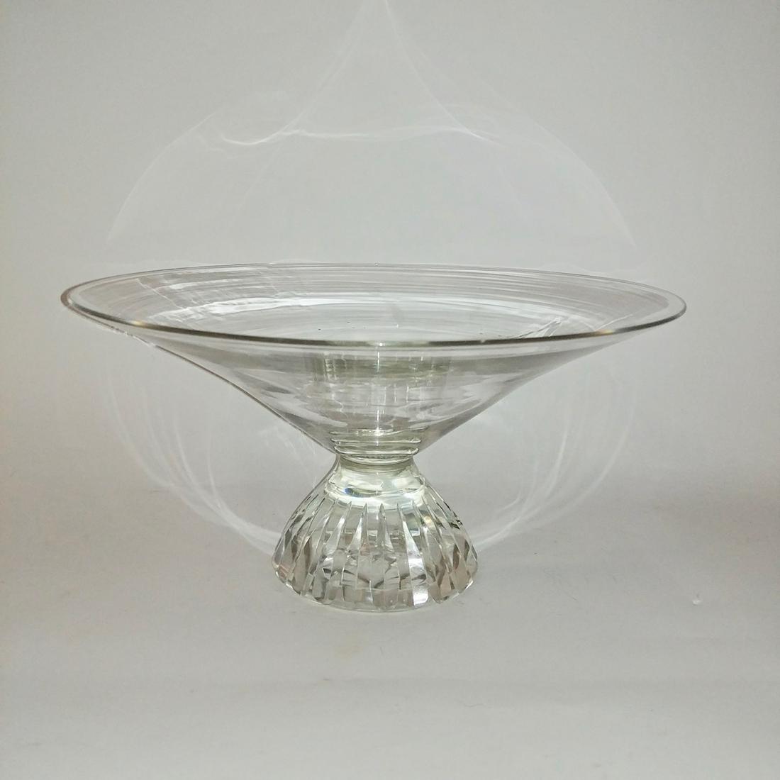 Pairpoint Pedestal Bowl: Etched at the base with a P in a diamond shape. 7" H x 12.5" diameter