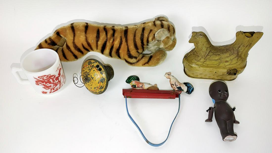 Lot of Vintage Children's Toys (6): Steiff tiger; Davey Crocket mug; Black Kewpie doll (5" H); Gibbs spinning top; Tin chickens toy; and a tin chicken game.