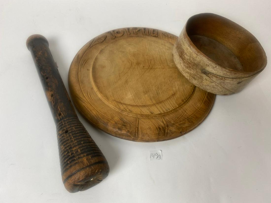 Wood Bread Board, Shaker Box, Spool (3): 12" H;11.25" D; 6.5" D x 2.5"