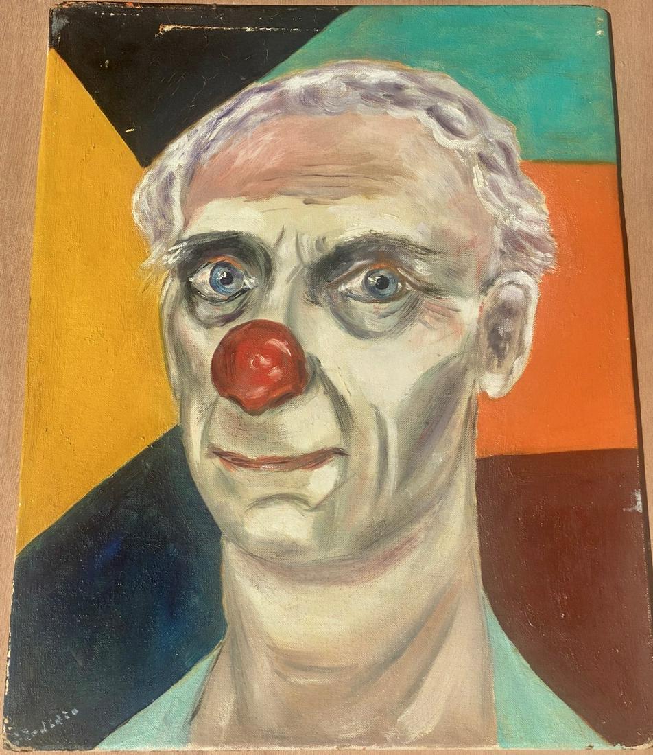 Oil on Canvas, Color Block Clown, Signed Jodidio: Oil on canvas, metal frame stretcher. Clown with red nose and blue eyes. Background is a vibrant color block pattern. Signed lower left. 18" x 14"