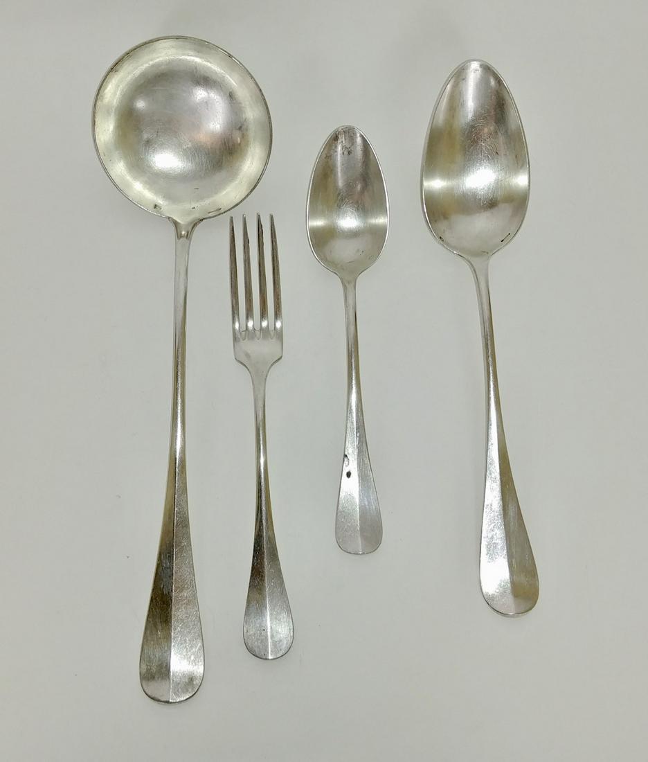 19th C. Christofle Silver Flatware (31 Pieces): Christofle makers marks and other marks. 16 Dinner forks; 13 spoons; serving spoon and a ladle. These pieces were well used and have dings in bowls of some of the spoons consistent with use. 8.25" L; 