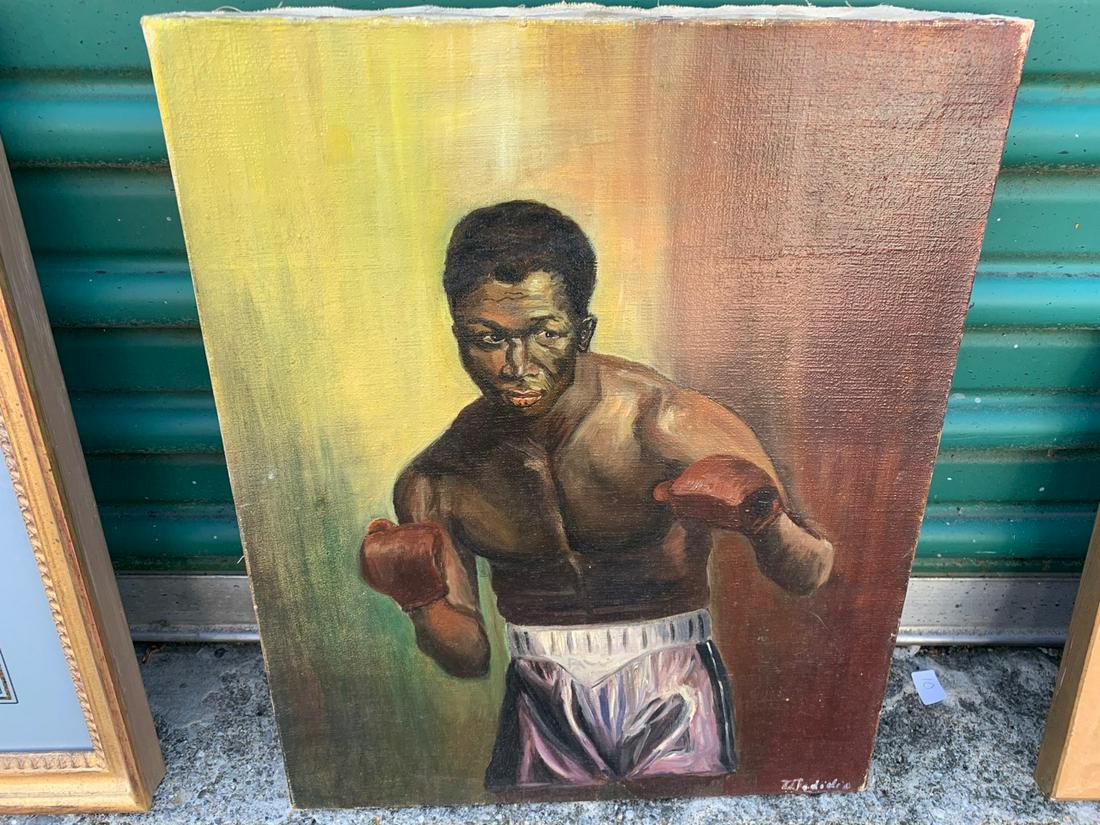 Oil on Canvas, A Boxer, Signed Jodidio: Possibly Beau Jack. Signed lower right. Marked in ink on the reverse 9-7-49. 16" x 13"