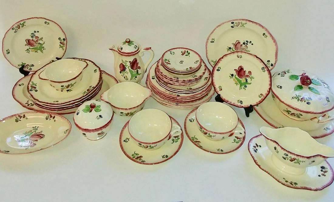 French Gien Lorainne Faience Partial Dinnerware (35): French Gien Lorraine Peint a al Main. Lot includes: Covered vegetable dish (8" D x 5.5" H); Round serving platter (11.5" diameter); Oval condiment dish (9.25" L); 4 - Shallow soup bowls (6" diameter);