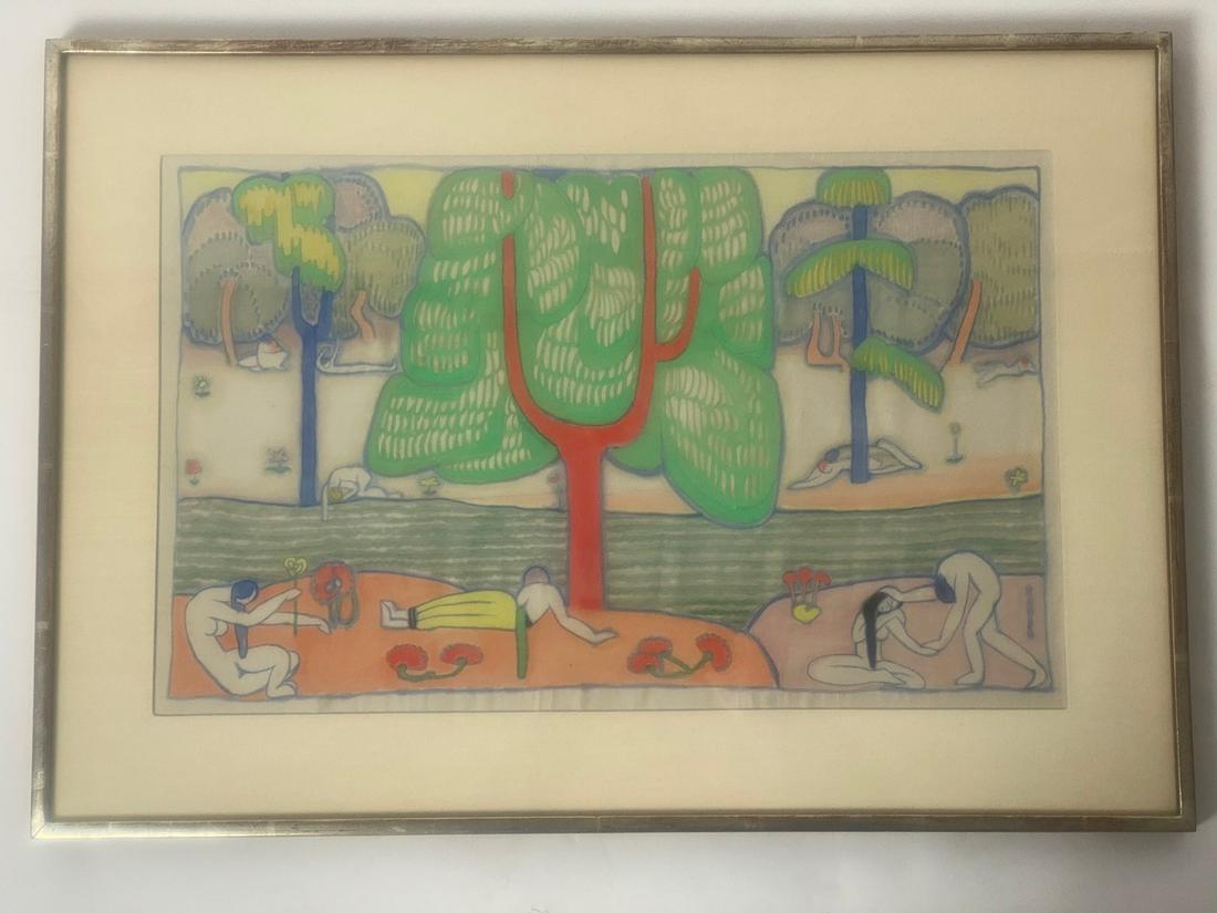 Marguerite Zorach Watercolor on Silk, Signed: Original papers affixed to the reverse: (probably from a show) Marguerite Zorach, Landscape with Figures, c. 1913, Watercolor on silk, Lent by Mrs. Edward Popper. Being consigned from the Popper famil
