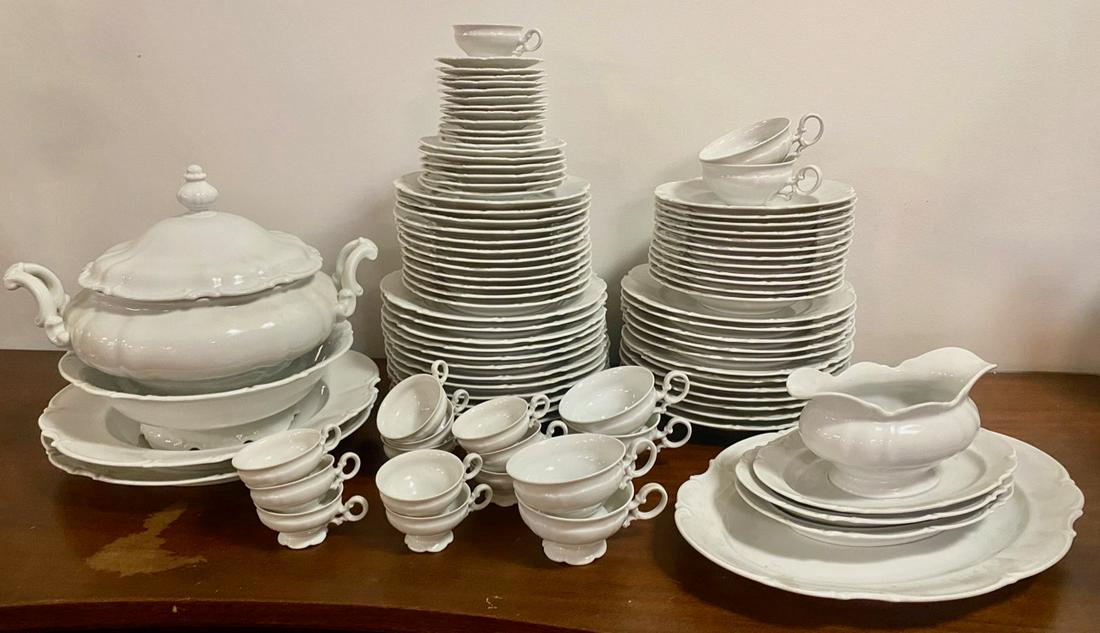 German Hutschenreuther China - Sylvia: Set includes 24 dinner plates (10" D); 12 soup bowls (8" D); 12 salad plates (8.5" D); footed serving bowl (11"D); 2 - round service bowls (13" D); soup tureen ( 13.25" diameter, 8.25" opening x 10" H