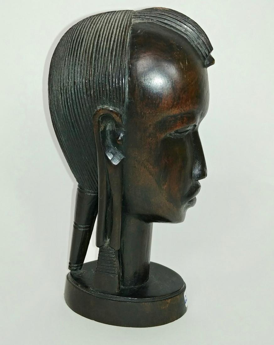 Ebonized Wood African Head: Nicely carved details. Long earlobes. 8" H