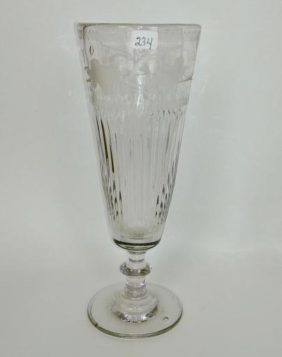 Hand Blown Footed Etched Vase: Ribbed and etched grapes at the top. Air bubbles visible in some parts. 11" H