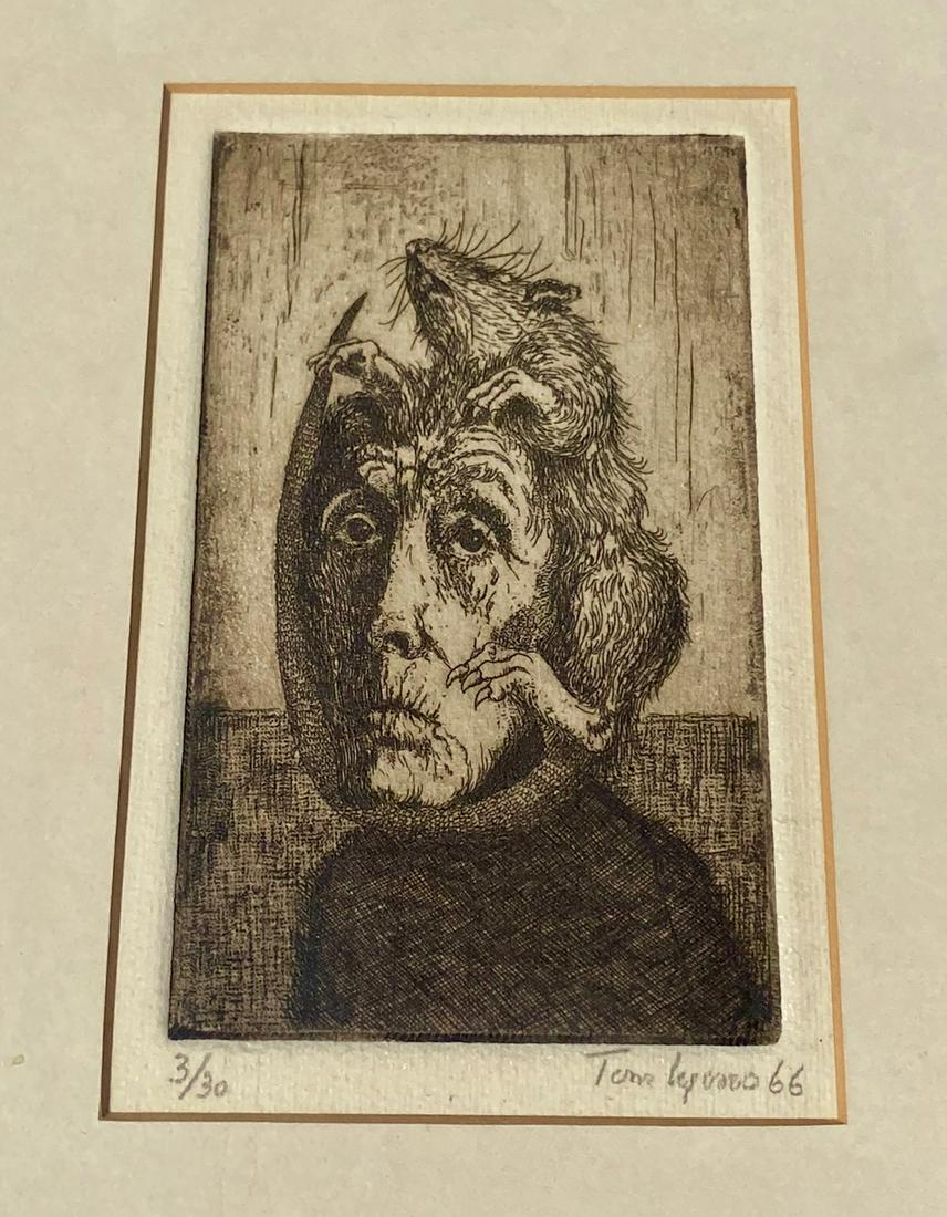 Engraving, Man with Rat on His Head, Pencil Signed: Mid-century engraving of a man with a rat wrapped around his head. Signed Tom Lyons (?), '66 and numbered 3/30. 5.5" x 3.5"